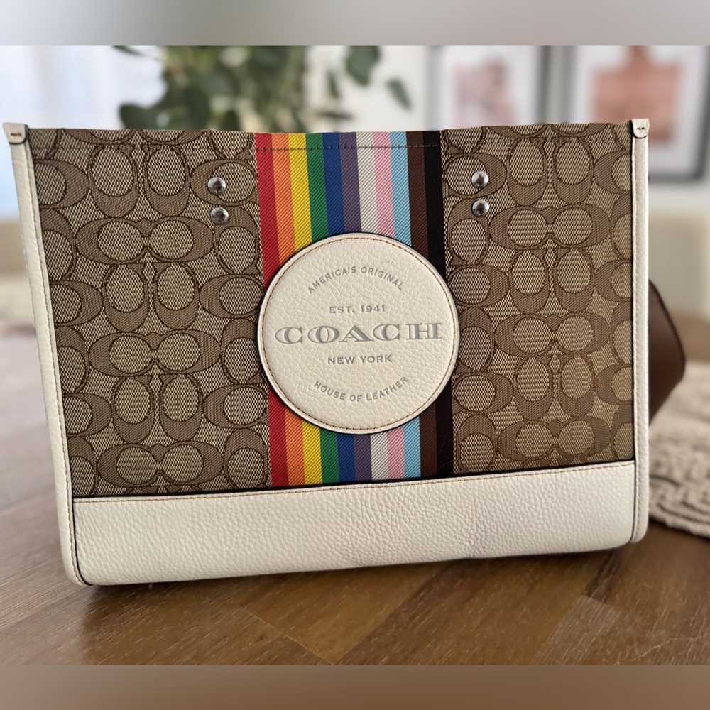 Coach Brown and Cream Bag with Rainbow Stripe